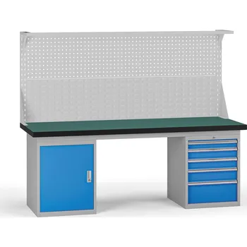 Dílenský stůl B2B Partner Pracovní stůl do dílny G8 s nástavbou, 2100 x 750 x 800 mm, 1x skříňka, 1x kontejner, 5 zásuvek, modrá