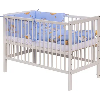 Dětská postýlka Dětská postýlka 120 x 60 cm borovice bílá s kompletní výbavou Scarlett - Mráček - modrá, vyndavací příčky