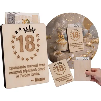 Dárková krabička Dřevěná obálka na peníze jako dárek k 18. narozeninám, krabička s gravírováním