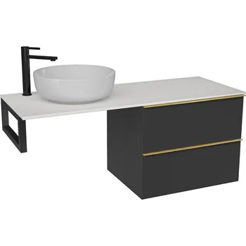 Koupelnový nábytek CERANO - Deska pod umyvadlo z litého mramoru Elanys - 120x46,5x1,2 cm - skříňka Velora 59 cm - černá matná, zlatá úchytka - konzole černá