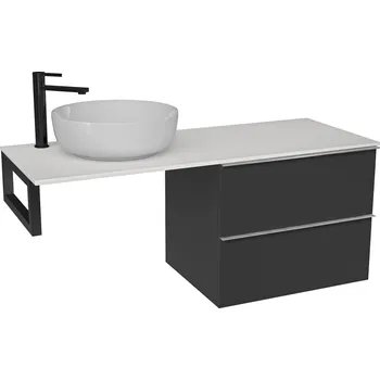 Koupelnový nábytek CERANO - Deska pod umyvadlo z litého mramoru Elanys - 140x46,5x1,2 cm - skříňka Velora 69 cm - černá matná, chromová úchytka - konzole černá