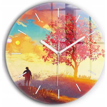 Hodiny Moderní skleněné nástěnné hodiny Podzimní krajina bílé ručičky průměr 60 cm