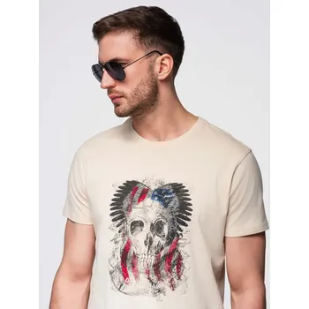 Pánské bavlněné tričko s potiskem - krémové V1 OM-TSPT-0199 - XL