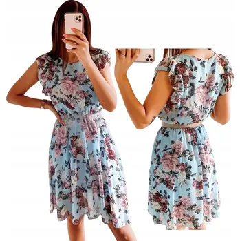 Dámské šaty MÓDNÍ ŠATY ELEGANTNÍ MIDI KVĚTINOVÉ ŠIFONOVÉ ŠATY S MODRÝM VOLÁNEM