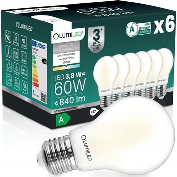 Žárovka 6x LED ŽÁROVKA E27 FILAMENT TŘÍDA A 3,8W 840LM = 60W 4000K 360° LUMILED