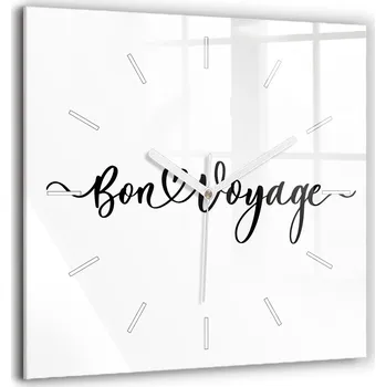 Hodiny Čtvercové Skleněné Hodiny Minimalistické Nástěnné Nápis Bon voyage 60x60 cm