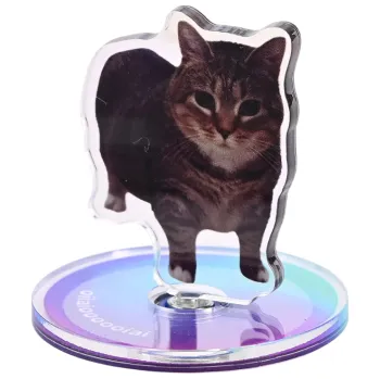 Mini kočičí dekorace 5 cm Otočný podstavec 360° Mourovaná kočka Oiiai na stůl, poličku nebo palubní desku Modro fialovo růžový stojan