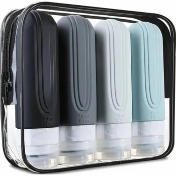 Silikonové cestovní lahve do letadla v pouzdru 4x90 ml - barevné