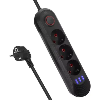 Elektrická zásuvka Prodlužovací přepěťová zásuvka s USB MCE394, 3 zásuvky Schuko + 3× USB, 1,5 m, černá