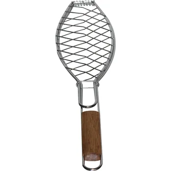 Grilovací nářadí GrandHall Grilovací kleště na ryby a zeleninu s bambusovou rukojetí A06603003T (GRANDHALL A06603003T Grilovací koš z pochromované oceli je určen pro grilování ryb)