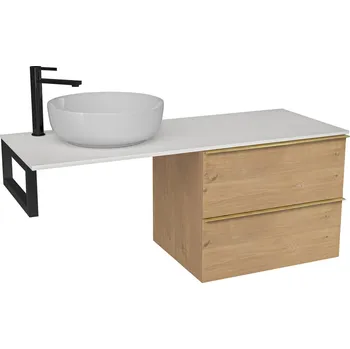 Koupelnový nábytek CERANO - Deska pod umyvadlo z litého mramoru Elanys - 140x46,5x1,2 cm - skříňka Velora 69 cm - dub medový, zlatá úchytka - konzole černá