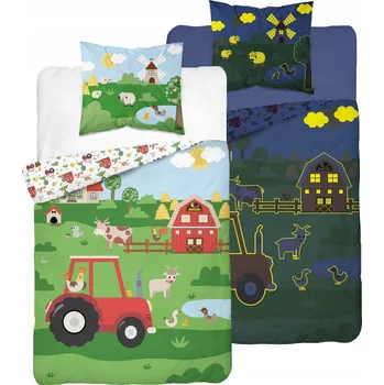 Povlečení POVLEČENÍ SVÍTÍCÍ VE TMĚ 160x200 FARMA TRAKTOR VESNICE ZVÍŘATA KRÁVA