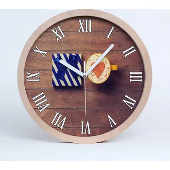 Hodiny Dřevěné nástěnné hodiny káva a dárek průměr 25 cm