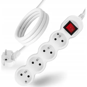 Napájecí kabel Prodlužovací Kabel s uzemněním 4 zásuvky 5 m Vypínač ON/OFF Bílý