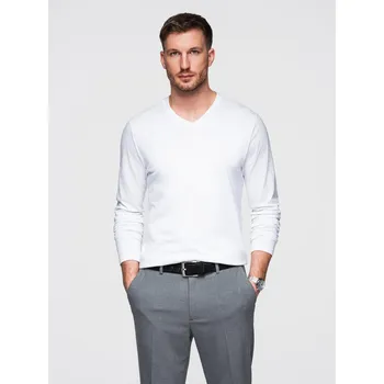 Pánské tričko s dlouhým rukávem bez potisku a s výstřihem - bílé V3 OM-LSBL-0108 - L