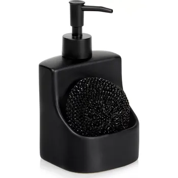 Dávkovač mýdla Dávkovač na mycí prostředek s přihrádkou na houbičku, keramický, černý, 400 ml