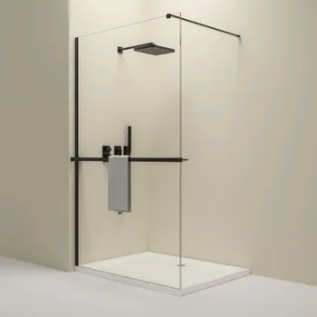 Erga Paris, sprchová zástěna Walk-In 130x200 cm s poličkou a ramínkem na ručníky, 8mm čiré sklo, černý profil, ERG-V02-PARIS-130x200-CL-BK-BAR