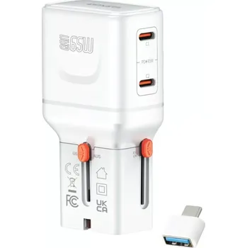Cestovní nabíječka 4smarts World Travel Adapter Nomad Pocket GaN 65 W, USB‑C + USB‑A, bílá