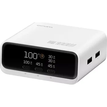 Stolní nabíječka 4smarts GaN 100 W s displejem, 3× USB‑C + 2× USB‑A, bílá