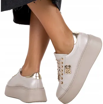 Dámské tenisky BÉŽOVÉ DÁMSKÉ KOŽENÉ SNEAKERS NA PLATFORMĚ MÓDNÍ OZDOBA POHODLNÉ vel. 40