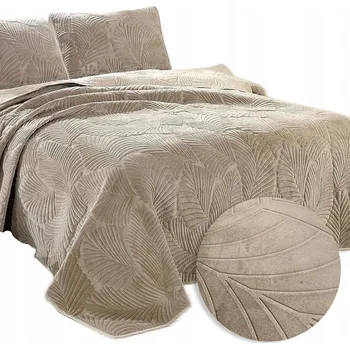 Přehoz na lůžko Přehoz na postel pohovku 200x220 prošívaný velvet velur béžový vzor listů
