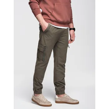 Pánské kalhoty Pánské kalhoty jogger s kapsami a potiskem - tmavě olivově zelené V5 OM-PAJO-0200 - L