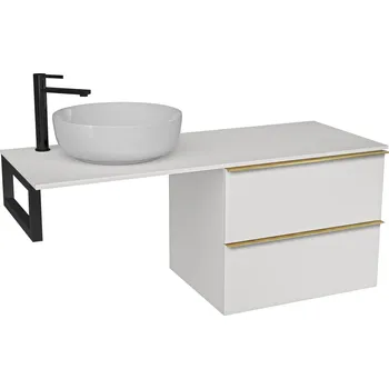 Koupelnový nábytek CERANO - Deska pod umyvadlo z litého mramoru Elanys - 120x46,5x1,2 cm - skříňka Velora 59 cm - bílá matná, zlatá úchytka - konzole černá