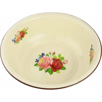 SMALTOVANÁ MÍSA OCELOVÁ MĚDĚNKA KUCHYŇSKÁ RETRO KVĚTINY KRÉMOVÁ 30cm smalt