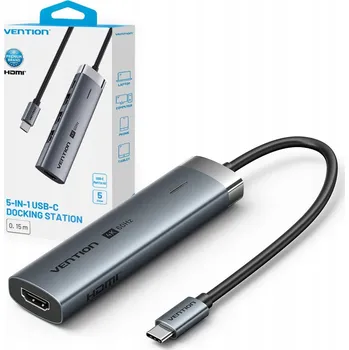 Dokovací stanice / Hub 5v1 Vention USB-C 100W PD 5 Gbps 460 Hz stříbrná