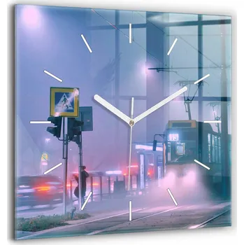 Hodiny Minimalistické Čtvercové Skleněné Hodiny Nástěnné Varšava v mlze 60x60 cm