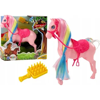 Figurka Figurka Kůň s Barevnou Hřívou, Růžové Sedlo a Kartáč - Farma, Růžový