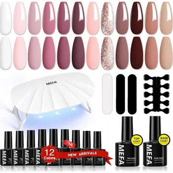 Lak na nehty MEFA UV lak na nehty sada 12 barev, báze, top coat, UV lampa + příslušenství