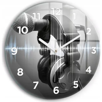 Hodiny Moderní skleněné nástěnné hodiny s potiskem Mikrofon a Sluchátka průměr 30 cm