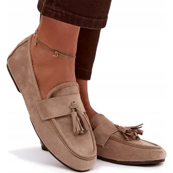 Dámské mokasíny Dámské mokasíny ploché eko semišové s třásněmi pohodlné béžové 40