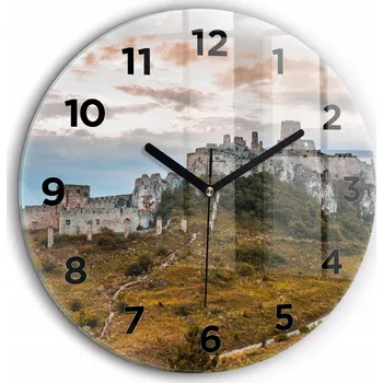 Hodiny Čtvercové Skleněné Nástěnné Hodiny s motivem Spišského hradu na Slovensku fi60 cm