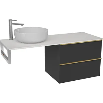 Koupelnový nábytek CERANO - Deska pod umyvadlo z litého mramoru Elanys - 140x46,5x1,2 cm - skříňka Velora 69 cm - černá matná, zlatá úchytka - konzole chrom