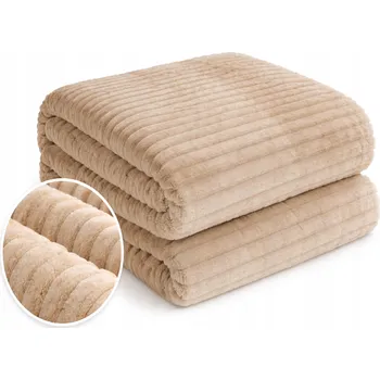 Přehoz na lůžko DEKA PŘEHOZ NA POSTEL VELKÝ 200x220CM VYTLAČOVANÝ VZOR PROUŽKY PLÉD BÉŽOVÁ