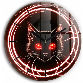 Hodiny Skleněné foto hodiny na zeď Kočka s červenýma očima černé ručičky průměr 60 cm