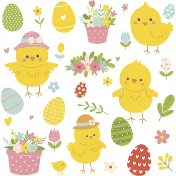 Papírový ubrousek Papírové Ubrousky Velikonoční Kuřátka, Květiny a Kraslice 20 ks 33x33cm