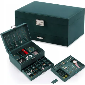 Úložný box Šperkovnice Soulima zelená kožená se zrcátkem a zásuvkami