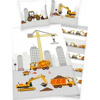 Povlečení Dětské povlečení 100x135 pro kluky BAGRY stavba žluté na šedém pozadí