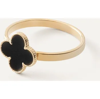 Prsten Prstýnek s čtyřlístkem z černé pryskyřice, stříbro 925 pozlacené - r