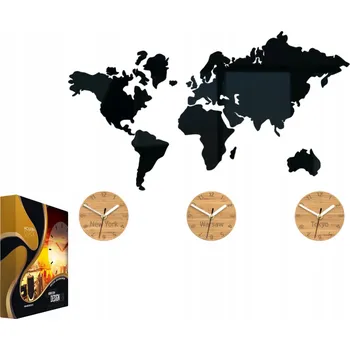 Hodiny Nástěnné hodiny v moderním stylu Akrylová mapa 3 časových zón Bambus 70x51