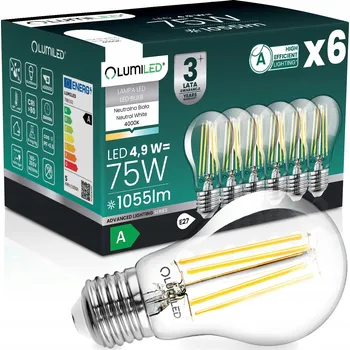 Žárovka 6x LED ŽÁROVKA E27 FILAMENT TŘÍDA A 4,9W 1055LM = 75W 4000K 360° LUMILED