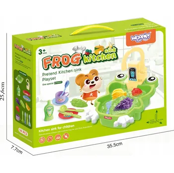 Dětská kuchyňka DŘEZ INTERAKTIVNÍ DŘEZ DO KUCHYNĚ S VODOU, KOHOUTKEM, NÁDOBÍM, OVOCEM A ŽABIČKOU WOOPIE
