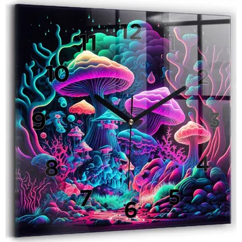 Hodiny Čtvercové Skleněné Nástěnné Hodiny do Kanceláře s Neonovým Vzorem Houby 30x30 cm