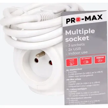 Napájecí kabel PRODLUŽOVACÍ KABEL KOSTKA PRO-MAX 3 zásuvky, USB, USB-C 1,4 m BÍLÝ