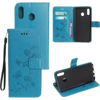 Pouzdro na mobilní telefon Flowers PU kožené peněženkové pouzdro na mobil Samsung Galaxy A20e - modrý