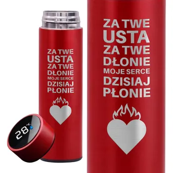 Termoska Červená termoska pro páry Dárek k Valentýnu Moje srdce dnes hoří