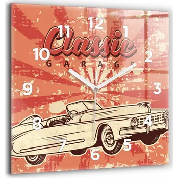 Hodiny Velké nástěnné hodiny z tvrzeného skla s grafikou – tiché, vintage retro auto